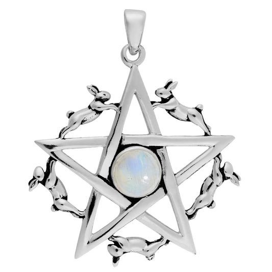 Sterling Silver Leaping Hares Pentagram Necklace with Rainbow Moonstone