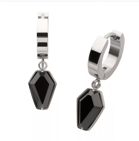 Steel Dangled Pronged Black Cubic Zircona Coffin Huggie Earrings