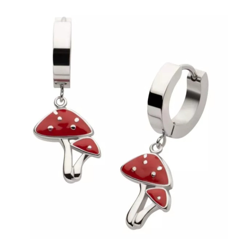 Steel Dangle Red Enamel Duo Mushroom Huggie Earrings