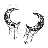 Matte black Crescent Moon Hoops with Decorative Dangle Chains